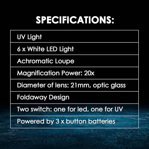 Juwelierlupe Lupe mit Licht 20-fache Vergrößerung, Einschlaglupe Faltlupe mit LED- und UV-Licht, Uhrmacherlupe für Diamanten, Juweliere, Münzen, Briefmarken 21mm Lupen