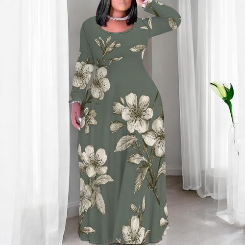 Image of PinkPatty Plus Size Maxi Dress for Curvy Women Crew Neck Long Sleeves Casual Dress Vacation Sundresses with Pockets