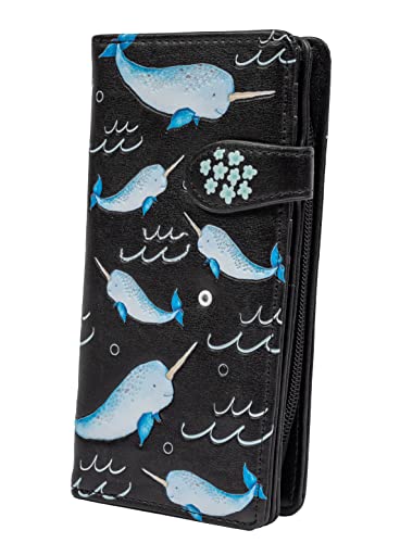 Shag Wear Women's Premium Vegan Clutch Cardholder Wallet Zipper Purse with Pretty Narwhales, Black