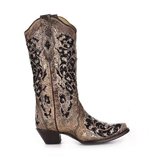 Corral Women's Black Inlay Floral Embroidery Studs Leather Cowgirl Boots - Brown #TOP1
