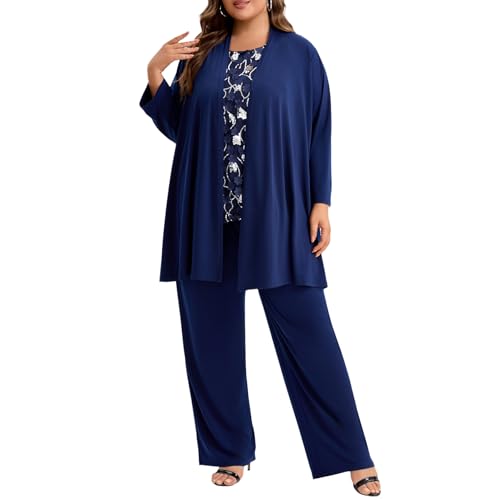Plus Size Mother of The Bride 3 Piece Pantsuit Set with Embroidered Sequin Applique Vestfor Wedding Guest Formal Outfit