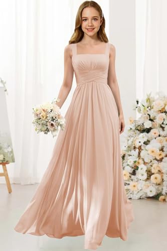 Square Neck Junior Bridesmaid Dress Spaghetti Straps Flower Girl Dresses with Pleated Chiffon A Line Formal Gown3
