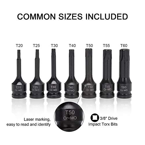 Helakls 7-Piece 3/8 Inch Drive T20-T60 Torx Star Driver Bit Socket Set Cr-Mo One-Piece Construction Air Impact Socket Hand Tools For Men #TOP1
