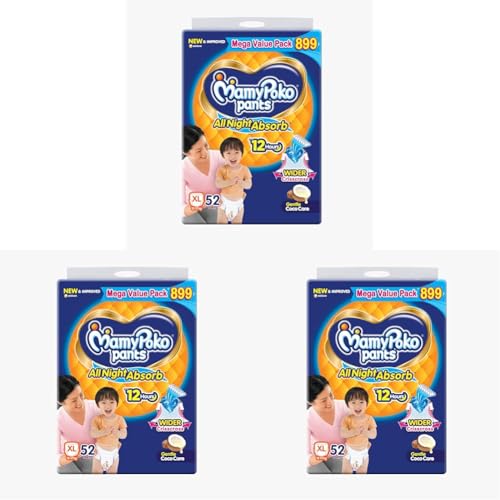 Image of Mamypoko pants All Night AbsorbPant Style Baby Diapers Size(XL), 52 Count, Ideal for 12-17Kgs|+50% wider and repeated absorption for all night 12hr protection from leakage, prevents heaviness.
