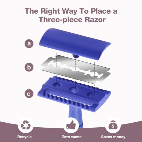 Kinghood Double Edge Safety Razor, Single Blade Razors with 10 Stainless Steel Blades, Reusable Metal Shaving Razor for Women and Men - Dark Blue