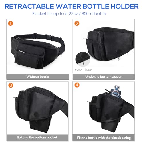 NOOLA Fanny Pack Waist Bag for Men Women, Lightweight Waist Pack with Water Bottle Holder, Adjustable Belt Bag with Multi-Pockets for Hiking, Dog Walking, Outdoor, Cycling, Running, Travel, Black - Thumbnail 3