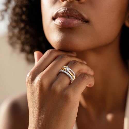 Gold Stackable Rings for Women Non Tarnish, 18k Gold Plated Cubic Zirconia Rings, Silver Gold Multi-link Ring Mixed Metals Stack Rings Set3