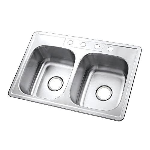 Kingston Brass Gourmetier Gktd33226 Studio Self-Rimming Double Bowl Kitchen Sink, 33-Inch L × 22-Inch W × 6-Inch H, Brushed Stainless Steel #TOP12