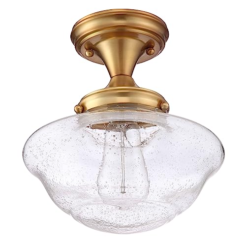 Image of Design House Vintage-Inspired Schoolhouse Semi-Flush Mount Ceiling Light, 9 in x 9 in x 10 in, Satin Gold, Clear Seeded Glass Shade, 588491