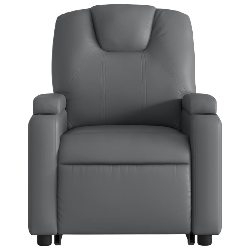 Sillón elevador reclinable con masaje por vibración, color gris piel sintética, función de elevación eléctrica y reclinación manual, 6 puntos de masaje, estructura estable