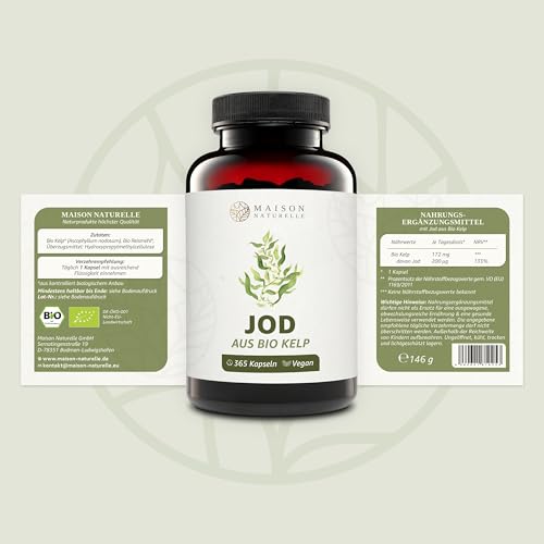 MAISON NATURELLE® JOD aus Bio Kelp (365 Stück) - 100% Kelp Kapseln, Extrakt aus Braunalgen ohne Zusätze – optimal dosiert mit 195 µg natürlichem Jod je Kapsel, Tabletten