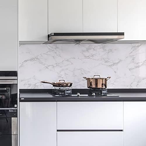 Hode Marble Paper Self Adhesive Vinyl 45cm X 3m White Grey Contact Wallpaper Sticky Back Plastic Roll Removable Waterproof Furniture Stickers Vinyl Film for Kitchen Countertop Door Table DIY
