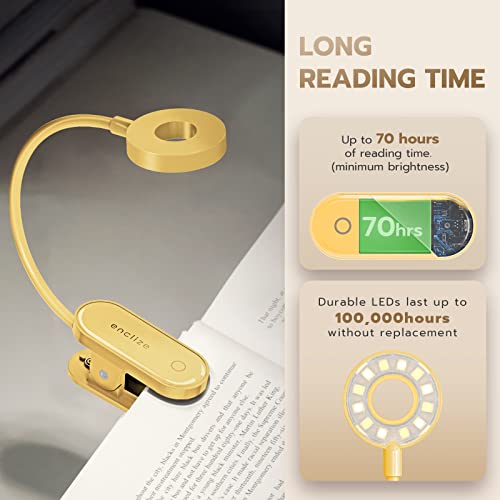 enclize Book Light for Reading in Bed,Rechargeable LED Reading Light with Stepless Brightness & 3 Color Temperature, Easy Clip On Reading Lamp for Reading at Night in Bed,Yellow
