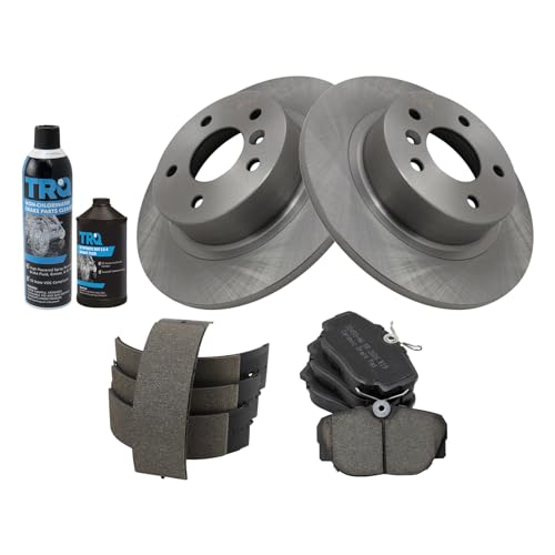 Image of TRQ Rear Brake Pad & Rotor Kit, with Chemical Kit Parking Brake Shoe Set Ceramic Compatible with 1999-2004 Land Rover Discovery 1995-2002 Range Rover