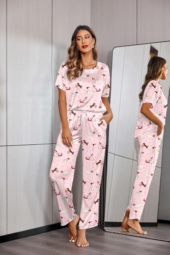 Image of Ekouaer Womens Satin Silky Pajama Set Short Sleeve Shirt with Long Pajama Pant Set Soft PJ Loungewear
