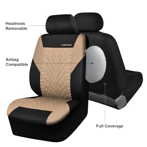 Image of CAR PASS Car Seat Covers Two Front Only for Car, 3D Tyre Print Automotive Interior Covers, Airbag Compatible, Quick Setup Universal Fit Seat Covers for Car, Truck, SUV(Black and Beige)