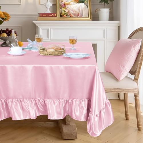 Ersmak Satin Ruffle Edge Tablecloth - Light Pink Satin Table Cover 60 x 120 Inch Rectangle Bright Silk Table Cloth for Weddings, Banquets, or Home Dining