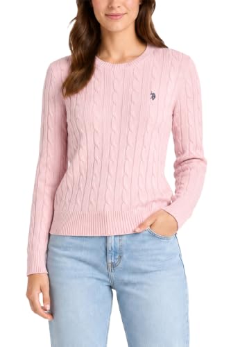 Image of U.S. POLO ASSN. Women's Crew Neck Sweaters – Raglan, Cable Knit & Striped, Icy Blush, L