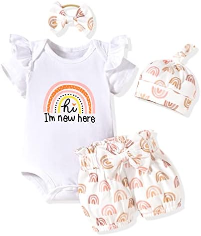 Aalizzwell 0-3 Months Newborn Infant Baby Girls Summer Clothes I m New Here Hi Short Sleeve Spring Fall Shorts Outfit Rainbow