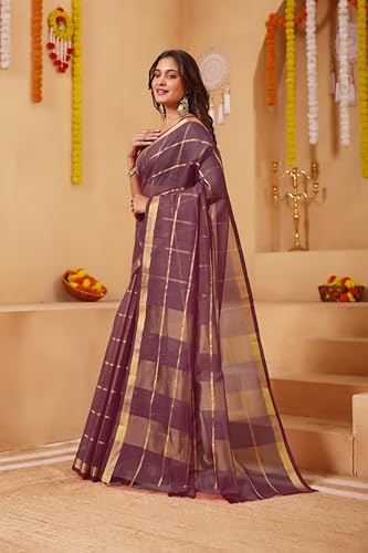 Image of StyleScope Women's Kota Doria Cotton Zari Checks Manipuri Saree With Unstitched Blouse Piece (Malanng)
