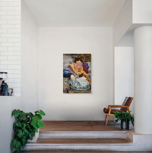 Peinture femme préparant le déjeuner huile sur toile 100x80cm