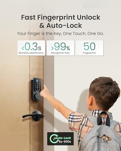 Image of DESLOC B200 Fingerprint Smart Lock with 2 Lever Handles, Keyless Entry Front Door Lock Set, Electronic Keypad Deadbolt, App Control, Auto Lock, Long Battery Life,Matte Black