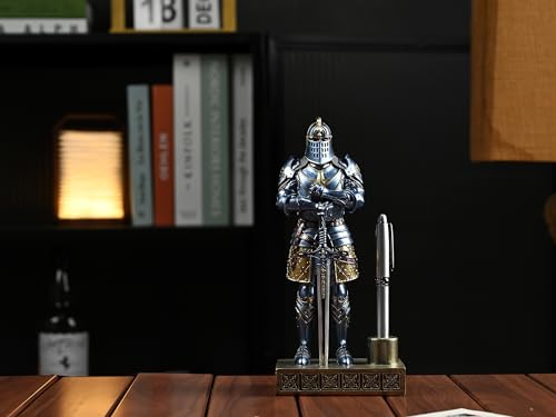 Amoysanli Knight Pen Stand Decoration Resin Pen Holder Art Craft Paperweight for Desktop Organizer Festival Gifts for Boyfriend Husband Dad Son(Blue)