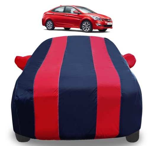 Auto Hub Car Cover Compatible with Hyundai Verna Fluidic (Model : 2013-2017) with Mirror Pockets, Triple Stitched, Navy, Red, Water Resistant Car Body Cover