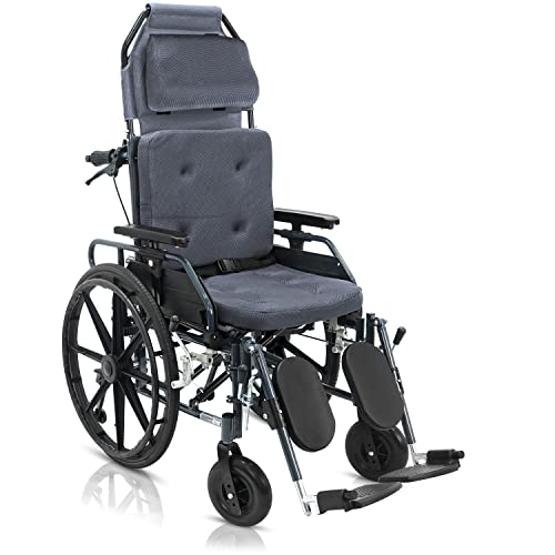 Image of KosmoCare Crest Series Aluminium Recliner Light Foldable Wheelchair with Frame | Wheel chairs for old people | Recliner Wheel chair | Manual Mobility Aid Comfortable 18 inch wide seat |