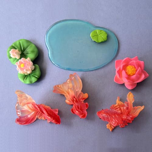 Anikoocory 6pcs Mini Aquarium Decor for Fish Tanks, Handmade Resin Goldfish & Lotus Ornaments - Miniature Underwater Landscape Accessories, Micro Tank Scenery Decorations