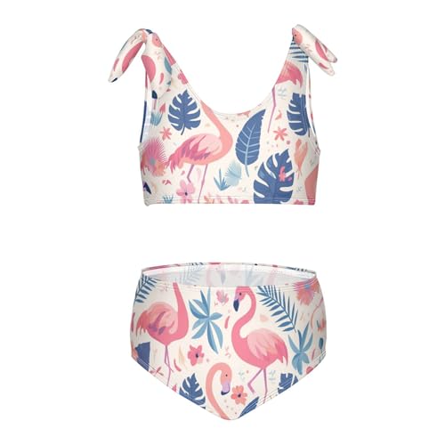 KLL Foliage Pink Flamingos Girls' 2 Piece Bikini Sets Beach Swimsuits Swimming Suits Cute Shoulder Strap