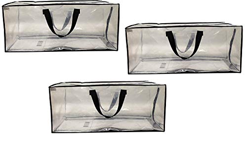 Clear Storage Bags Heavy Duty Extra Large Transparent Moving Totes w/Zipper closure Reusable Backpack Carrying Handles - Compatible with IKEA Frakta Hand Carts (3 Pack) (29 X 13.5 X 12)