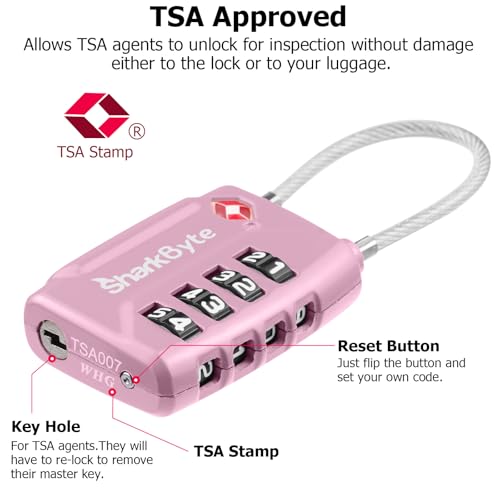 SharkByte TSA Approved Suitcase Locks - 4-Dial Security Travel Combination Padlock, Flexible Cable Wire Travel Lock for Suitcases, Luggage locks, Case Travel Bag Gym Locker Code Small PadLock (4 Pack) - Image 3