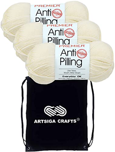 Image of Premier Yarns Anti-Pilling Everyday DK Cream 1107-02 (3-Skeins - Same Dye Lot) DK Light Worsted #3 Anti-Pilling Acrylic Yarn for Crocheting and Knitting with Project Bag
