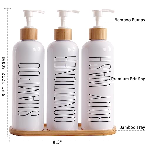 Prus Waso Shampoo and Conditioner Dispenser, Contains Shampoo Conditioner Body Wash Dispenser. Shower Soap Dispenser with Bamboo Pumps & Tray, Perfect for Modern Bathroom Decor. (White)