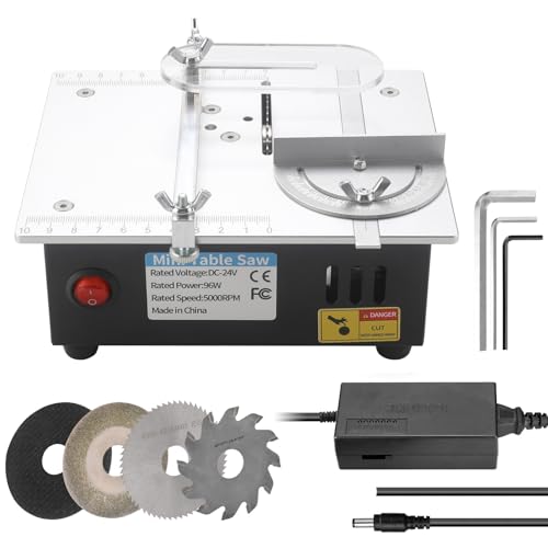 MiBoce Portable Mini Table Saw, Mini Multi-Functional Table Saw, with 4 Blades, Accurate Scale, 7 Adjustable Voltages, 180 °Oblique Cutting, Rated Speed 5000RPM, for Woodworking, Plastic, Metal