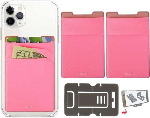 WUOJI RFID Blocking Phone Card Wallet - Double Secure Pocket - Ultra-Slim Self Adhesive Credit Card Holder Card Sleeves Phone Wallet Sticker All Smartphones (Pink)-2PC