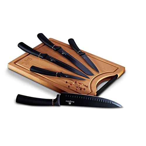 Berlinger Haus Black Rose Juego 5 Cuchillos Cocina Profesional Tabla Cortar Bambú, Hoja Acero...