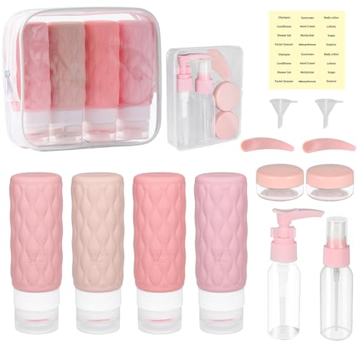 YoHyien 8 Piezas Botes Viaje Rellenables 100ml, Juego de Botellas Viaje Silicona, Envases para Viajar en Avion a Prueba de Fugas, Frascos sin BPA, Kit Higiene para Champu, Gel, Crema, y Loción