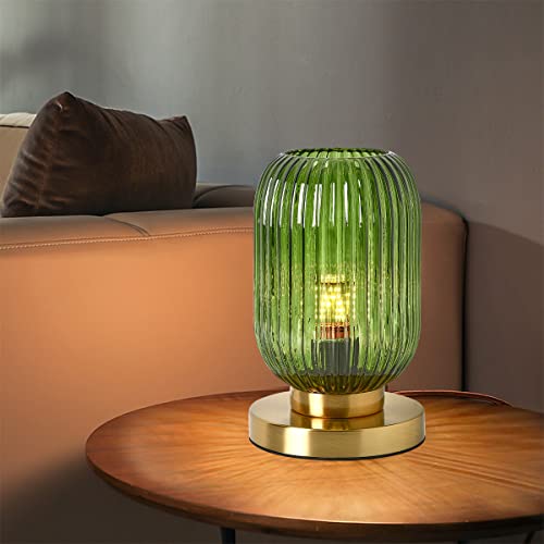 Auwieou Glass Table Lamps Mid Century Modern Globe Table Lamp Gold Desk Lamp Nightstand Lamp With Green Pumpkin Design Ribbed Glass Bedside Table Lamp For Bedroom Living Room Office thumb #2