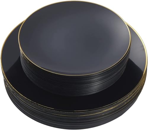 175pcs Black Plastic Dinnerware Set,Premium Heavy Duty Black Plates with Gold Rim,Dinner Plates,Dessert Appetizer Elegant Fancy Heavy Duty Wedding Plates Plastic Cups with Gold Rim by Jodoniz - Used condition - Image 3