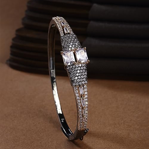 Image of ZENEME Rhodium-Plated Square Shaped American Diamond Studded Kada Bracelet For Girls and Women
