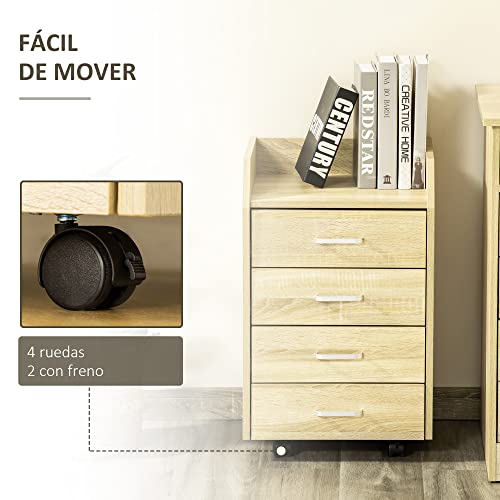 Vinsetto Cajonera de Oficina Mueble Auxiliar para Archivos con 4 Cajones Encimera Superior de Almacenaje 4 Ruedas y 2 Frenos para Estudio Despacho 40x36x65 cm Natural - imagen 5