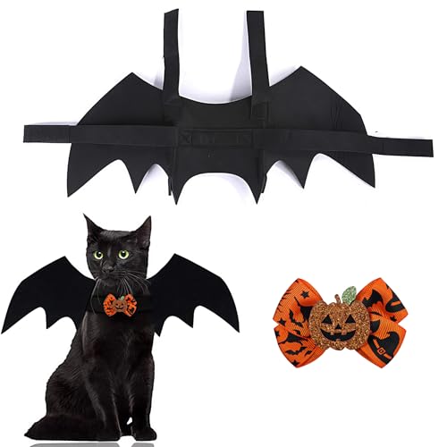 THXFUNAREA Asas morcego gato + forquilha, asas de morcego para animais de estimação, asas de morcego gatos cachorro para decoração de festa de Halloween disfarce de morcego gatos