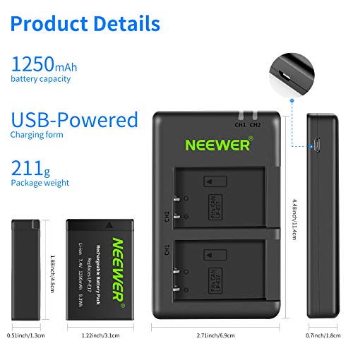 Image of Neewer 2-Pack LP-E17 Replacement Battery and Dual USB Charger Compatible with Canon EOS R50 R100 RP R10 R8, Powershot V1, T8i T7i T6i T6s SL2 SL3 M3 M5 M6 200D 750D 760D 800D 8000D Camera