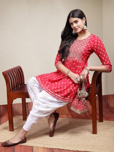 Image of Stylum Women's Printed & Embroidered Rayon A-Line Kurti With Dhoti Pant