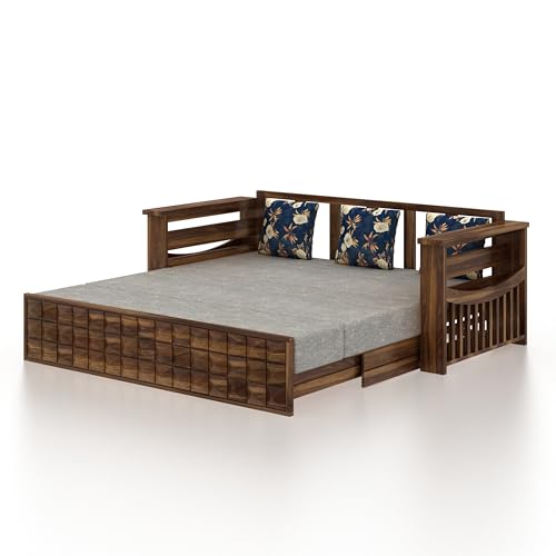 Image of Ganpati Arts Solid Sheesham Wood Diamond 3 Seater Sofa Cum Bed with Storage and Side Pockets for Living Room Hall Bedroom (Teak Finish)