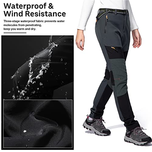 Womens Hiking Snow Pants Winter Fleece Waterproof Windproof Lined Insulated Outdoor Camping Travel Slim Cargo Ski Pants #H4408-Grey-26 #TOP4