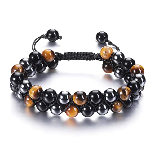 Image of Jovivi Mens Tigers Eye Hematite Black Obsidian Crystal Beaded Bracelet for Men,Natural Stone Healing Crystal Gemstone Anxiety Bracelet Jewellery Gifts for Men Him Boys Birthday Valentines