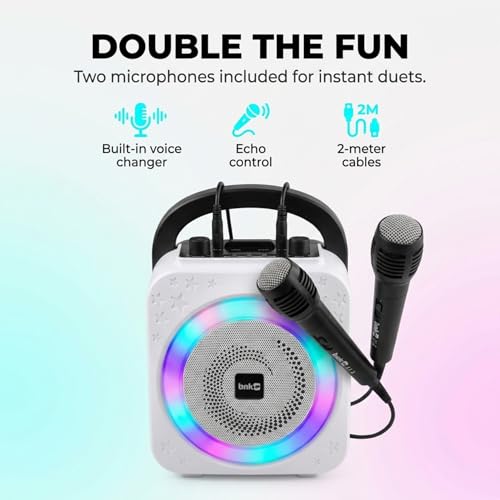 RockJam 10-Watt Rechargeable Bluetooth Karaoke Machine with Two Mics, Lightshow & Voice Effects
